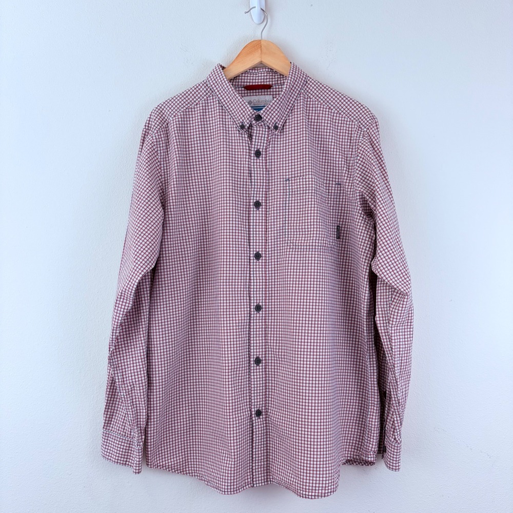 Columbia Mens Micro Check Button Down Shirt Red White Blue Long Sleeve Large‎